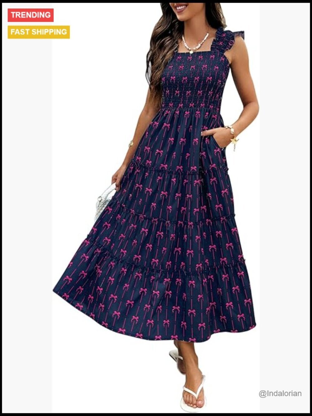 Women's Sleeveless Square Neck Ruffle Strap Smocked A-Line Maxi Dress with